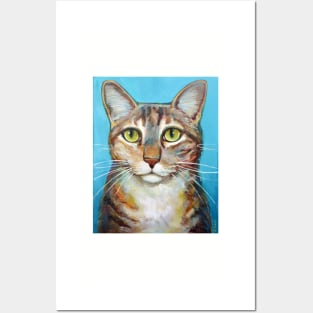 Striped Cat Blue Background Posters and Art